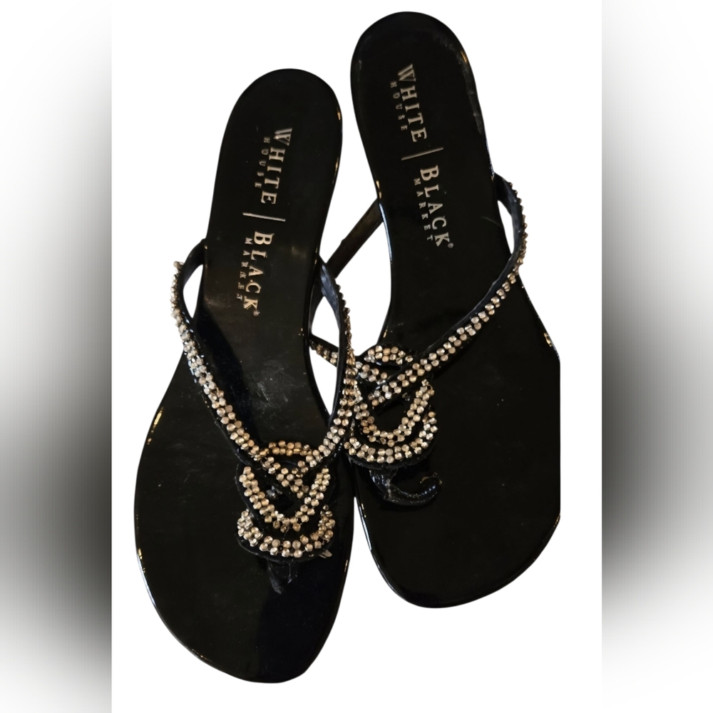 White House Black Market Black Women's Thong Slip On Rhinestone Sandals - Picture 1 of 3